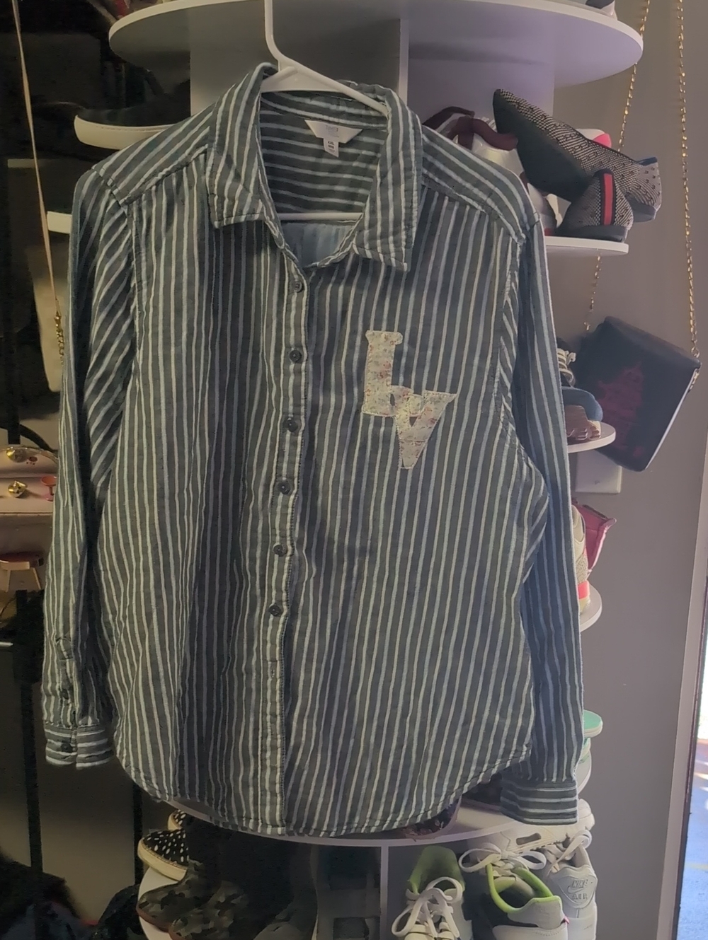 Striped Long-Sleeve Button-Up Shirt - Blue/White Upcycle